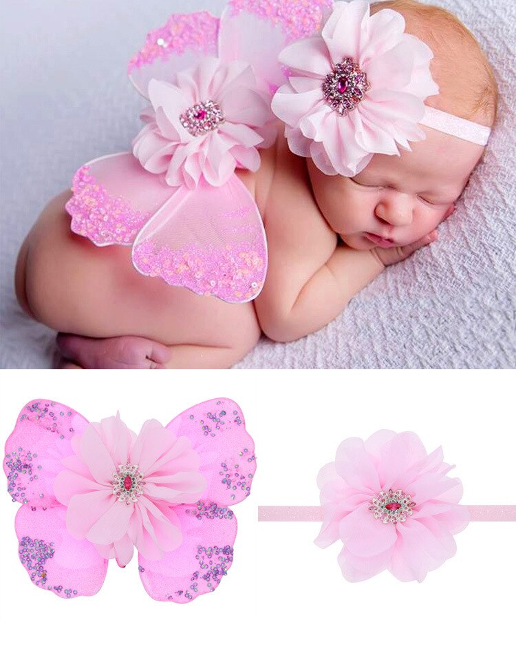 Dejlige nyfødte baby fotografering rekvisitter spædbarn piger blomst pandebånd + vinge 2 stk outfit sæt kostume prop tilbehør i 0-6 måneder