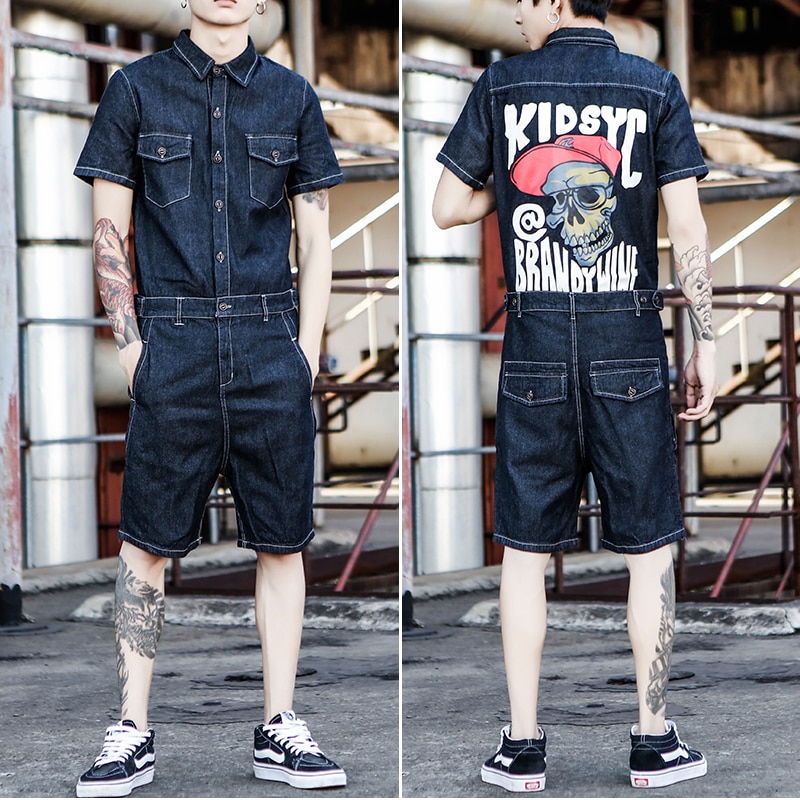 Jeans jumpsuit kortärmad herr one piece overall punk skull print herr jeansbyxor jumpsuits sommar herr set