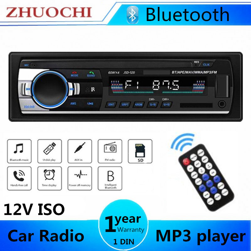 Autoradio 1 din bluetooth stereo  mp3 soitin fm audio vastaanotin 12v 60 wx 4 kaukosäätimellä aux/usb/sd kortti kojelaudassa