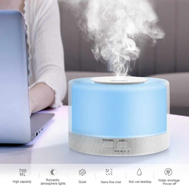 Diffuseur d'huiles parfumées cylindrique à télécommande, humidificateur et vaporisateur avec 7 led colorées, prise us/uk/eu/au/jp