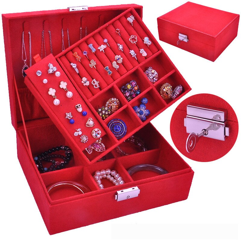 Double-layer Velvet Jewelry Box European Jewelry Storage Box Large Space Jewelry Holder box: Red