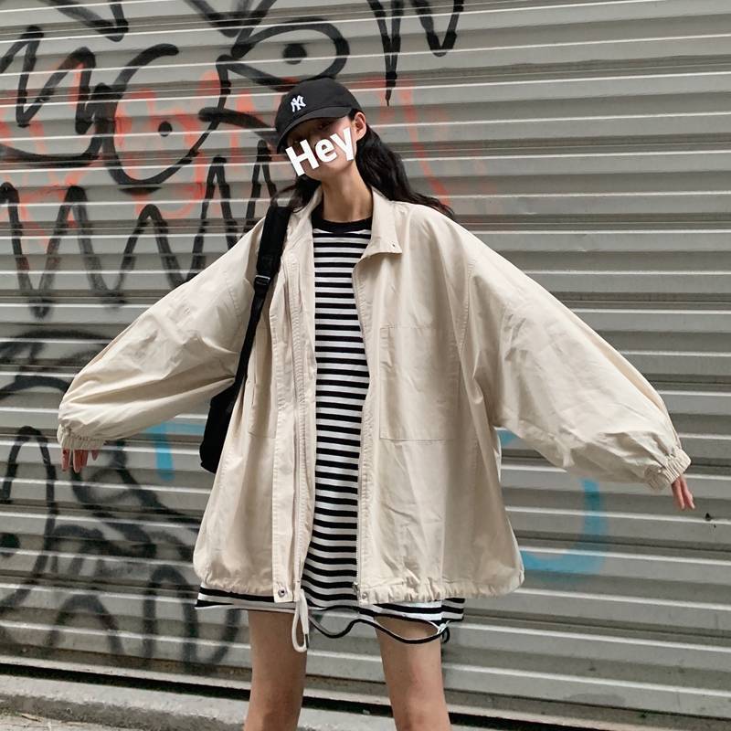 Women Basic Jackets Solid Drawstrings Oversize Thin Harajuku Ulzzang Plus Size 2XL Leisure Streetwear Chic Jacket Zipper Outwear: apricot / XXL