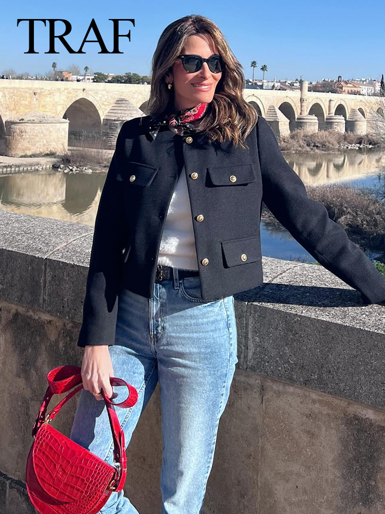 Trafza kvinder bomber cropped jakker dame blazer med gyldne knapper forår dame chic streetwear outwear top