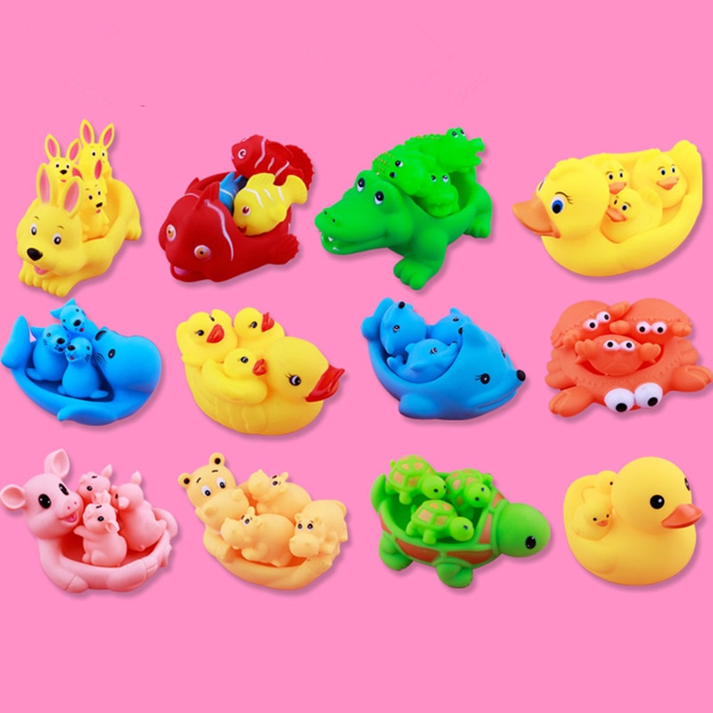 4 Stuks Mooie Gemengde Dieren Zwemmen Water Speelgoed Kleurrijke Zachte Rubber Float Squeeze Sound Piepende Bathing Speelgoed Voor Baby Bad speelgoed