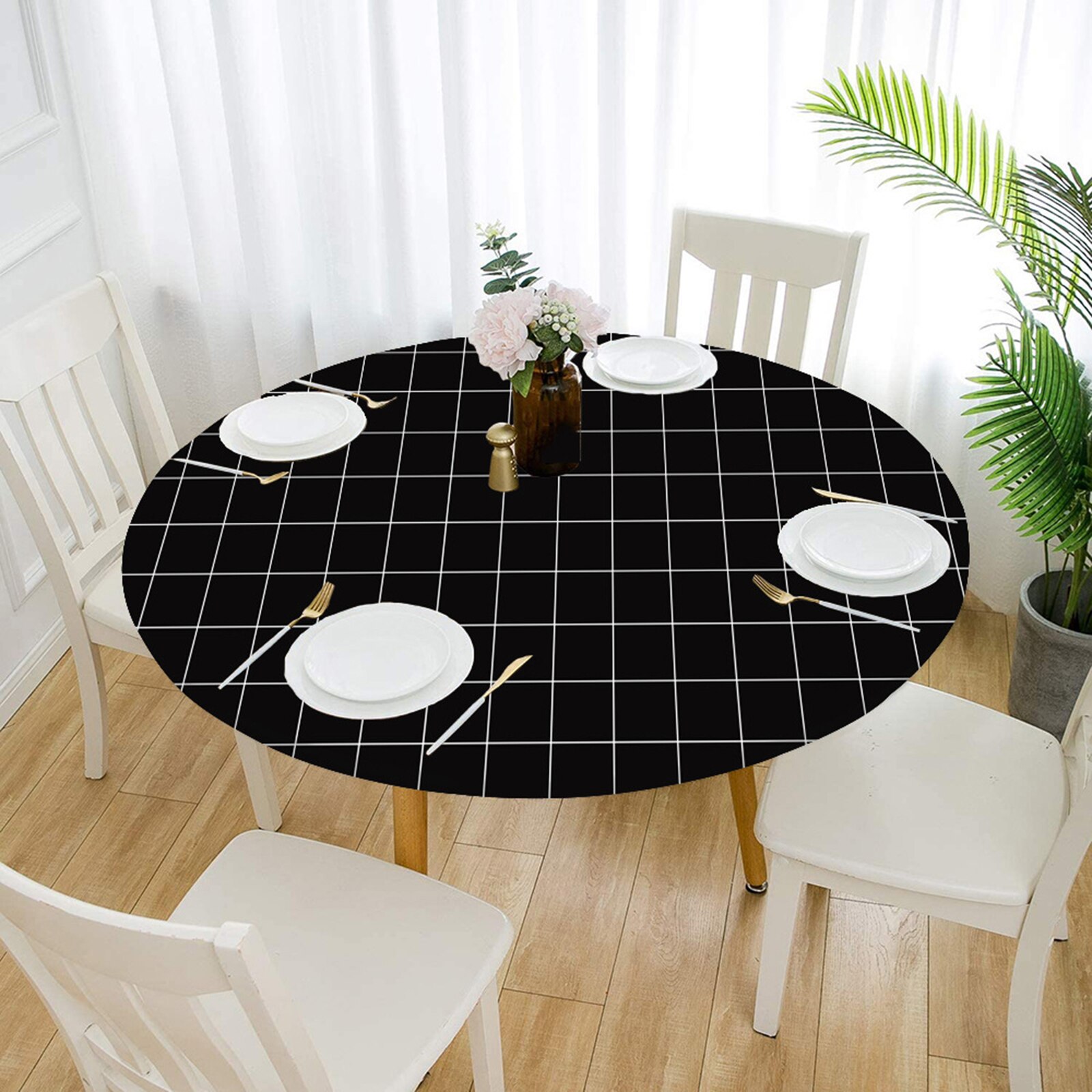 Fitted Polyester Table Cloth Elastic Edged Decoration Water Resistance Dinner Table Cover Dust Proof Protector Wipe Clean: Black 120cm