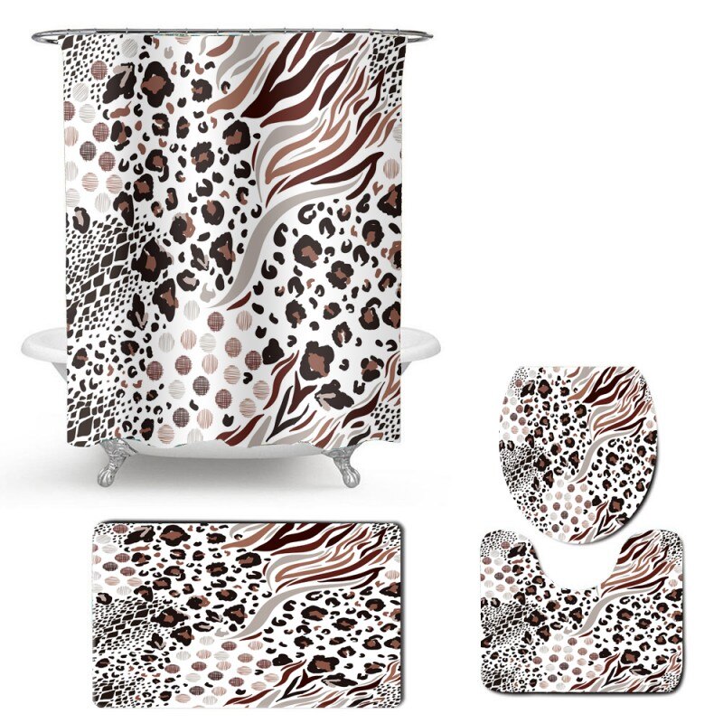 Leopard Print Animal Bathroom Set Toilet Lid Cover Bath Rugs Carpet Waterproof Shower Curtain with Hooks 4pcs Shower Curtain Set: Color-6
