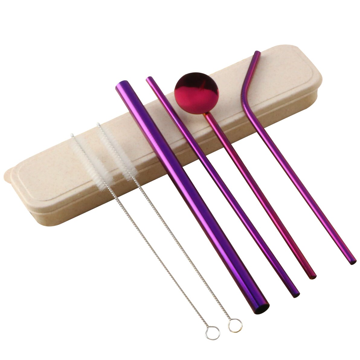 Gjenbrukbare drikkestråer av metall rustfritt stål fast bøyd rett drikkestrå med rengjøringsbørste festtilbehør: Lilla