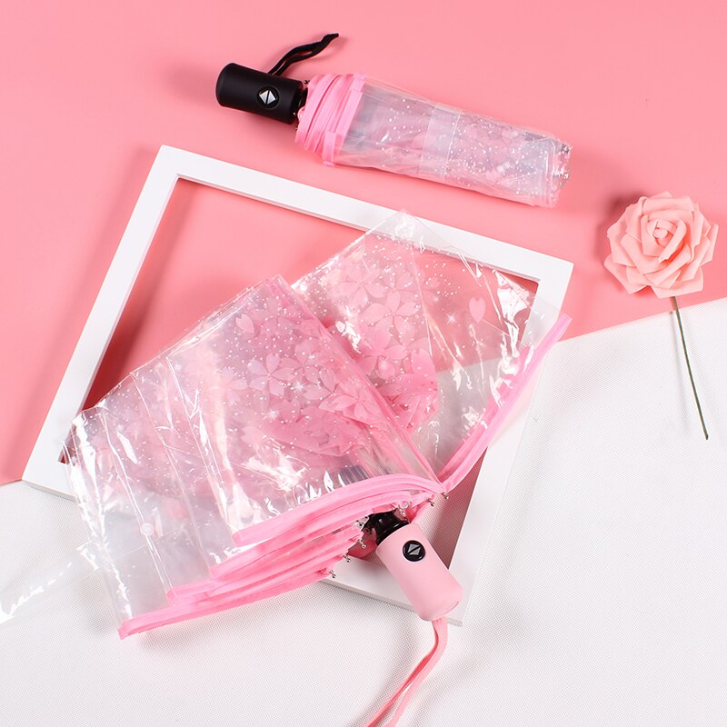 Japanese Cherry Blossom Transparent Umbrella Plastic Girl Female Cute Flower Rain Umbrellas 3 Folding Women Clear Umbrella Small