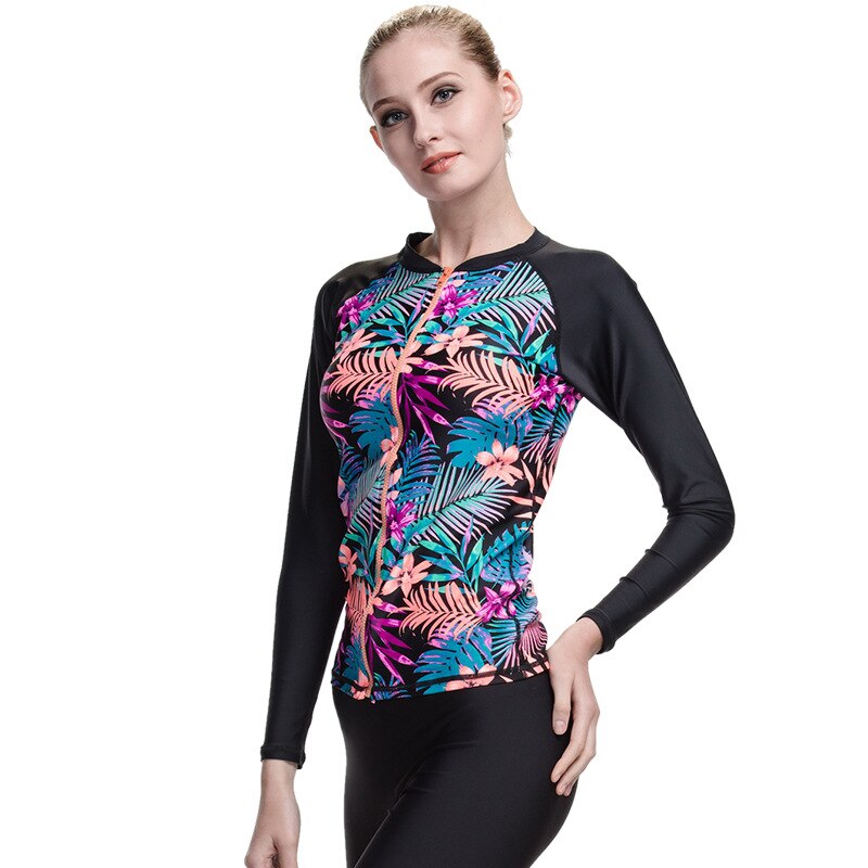 Vrouwen Lange Mouw Zip-Up Rashguard Bloemen Gedrukt Swim Pak Top Basic Pak crew UPF 50 + Tee Shirt