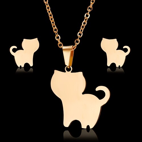 RINHOO – ensemble de bijoux en acier inoxydable pour femme, collier et boucles d'oreilles, motif chat, cheval, fleur Rose, or, à la: cat