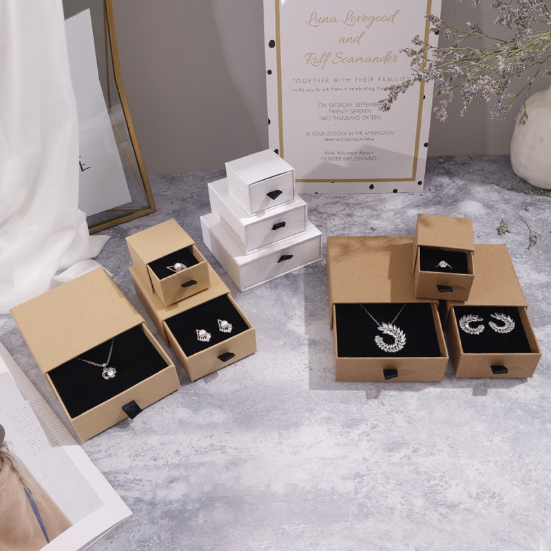 10PCs Jewelry organizer Display Packaging Box Holder Black Pink White Kraft Paper Engagement Ring Necklace Bracelet Boxes