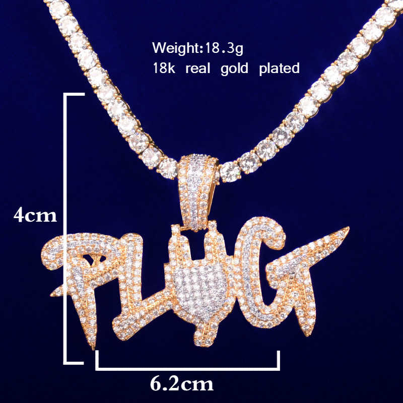 Plug Letter Pendant Micro Pave Finish Hip Hop Necklace Men&#39;s Jewelry: 5mm tennis chain / 24inch