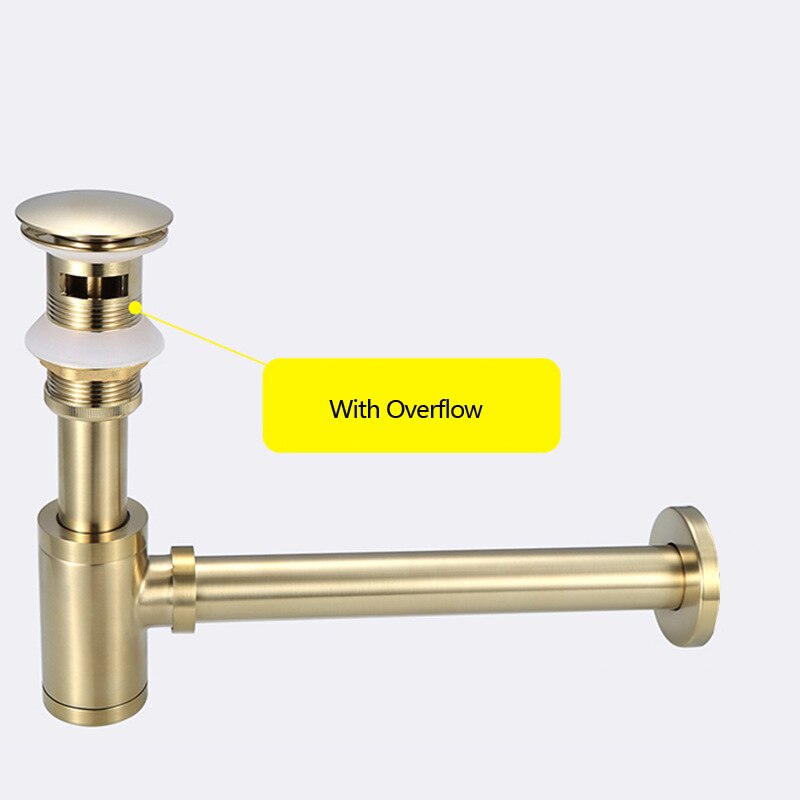 Luxury Gold Bottle Trap Brass Round Siphon Brushed Gold P-TRAP Bathroom Vanity Basin Pipe Waste With Pop Up Drain