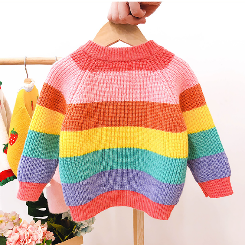 1-5 ans bébé fille vêtements d'hiver arc-en-ciel rayé tricot pull enfants col rond enfant en bas âge garçon vêtements pull de noël