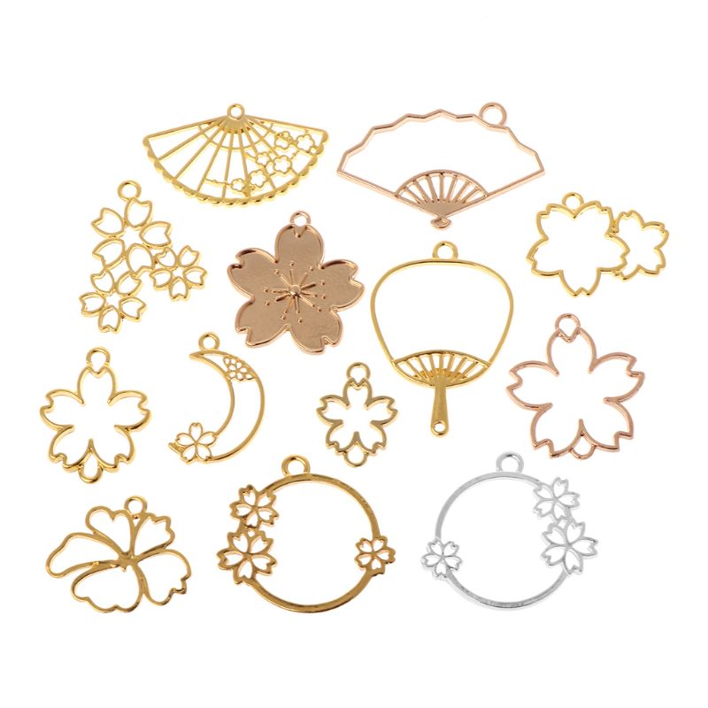 2022 13 Pcs/Set Flower Metal Frame DIY Epoxy Resin Crafts UV Resin Jewelry Making Pendant Holder Hollow Fan Floral Shape Dry