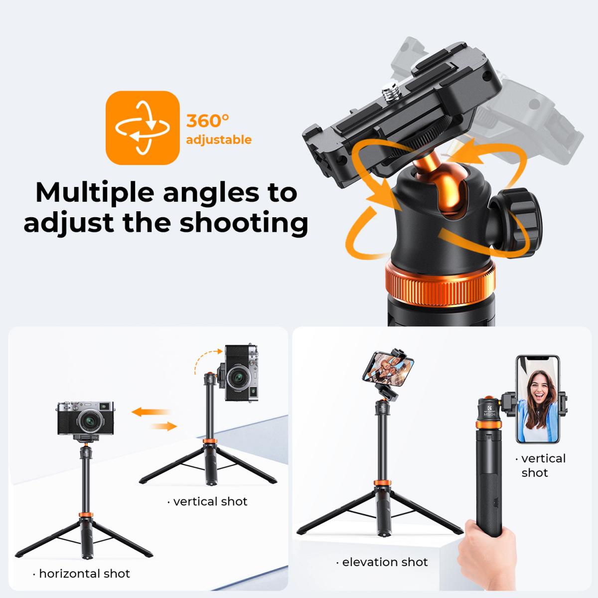 K&F Concept MS08 62''/1,58 m Statyw do telefonu Selfie Stick czarno-pomarańczowy z pilotem Bluetooth + adapter Gopro