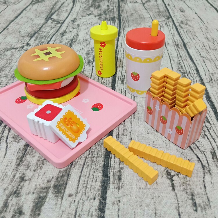 Baby Speelgoed Aardbei Simulatie Hamburger Frieten Houten Speelgoed Voor Kinderen Dog Set Kicthen Voedsel Speelgoed Educatief