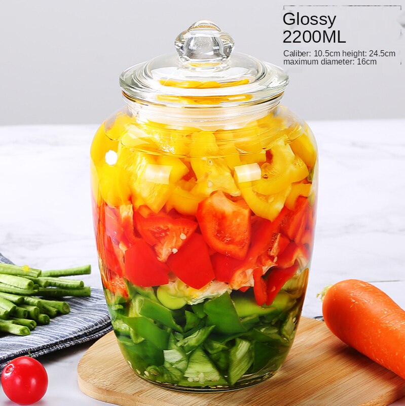 Korea Glass Container Kimchi Jar Kitchen Thickened Pickled Cans Household Pickled Pickles Cylinder Sealed Cans jars and lids: Glossy2200ml