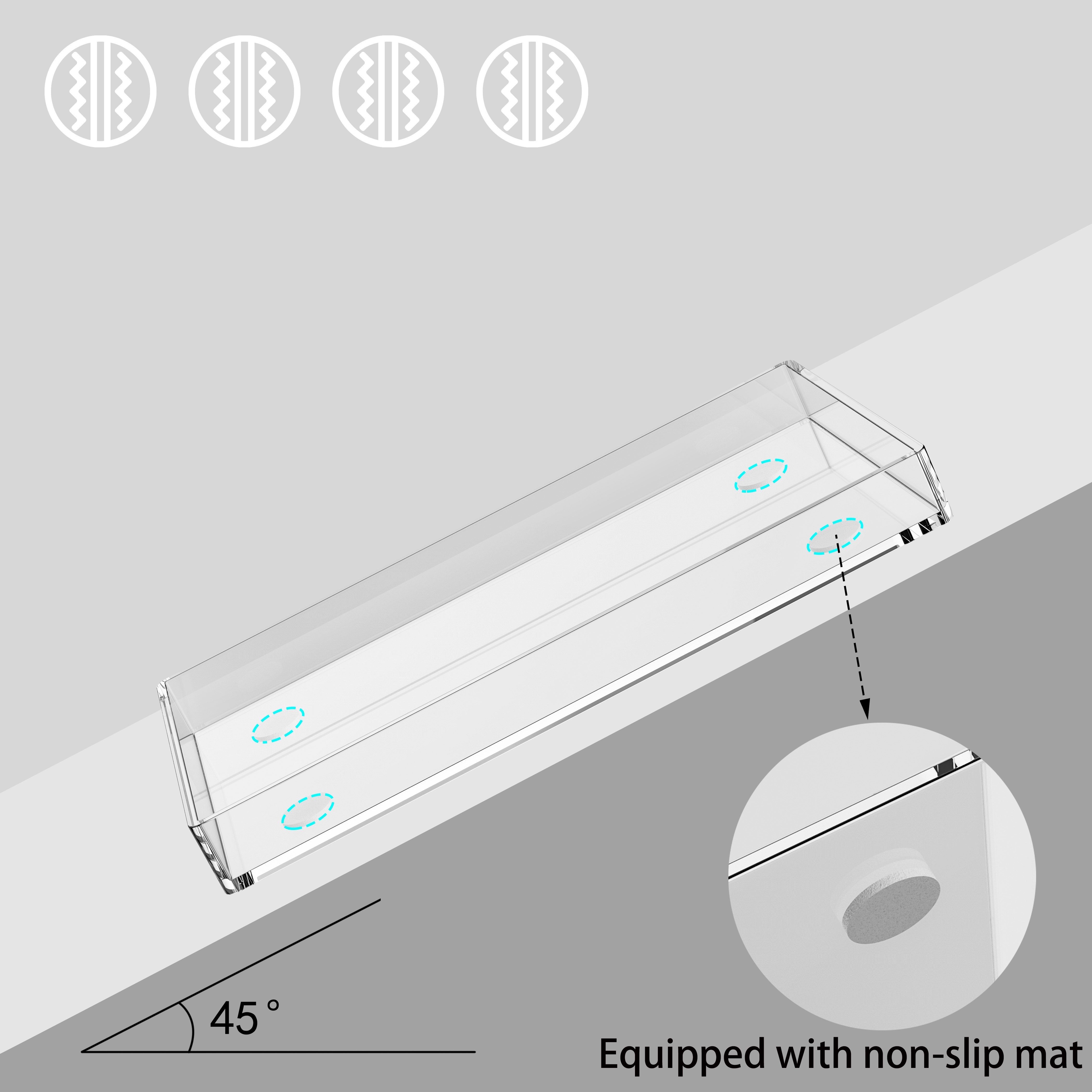 Rektangulært gjennomsiktig akrylbrett for sminke, vask, oppbevaring, kjøkken, frukt, snacks og diverse bruksområder