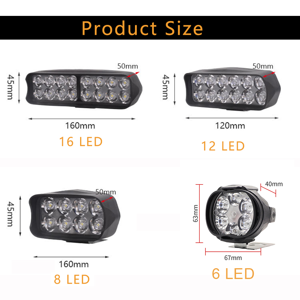 16/12/8 led-arbetsljusramp för motorcykel, strålkastare för barra, extra led-strålkastare för motorcykel, för 4 x 4 terränggående atv-lastbilar