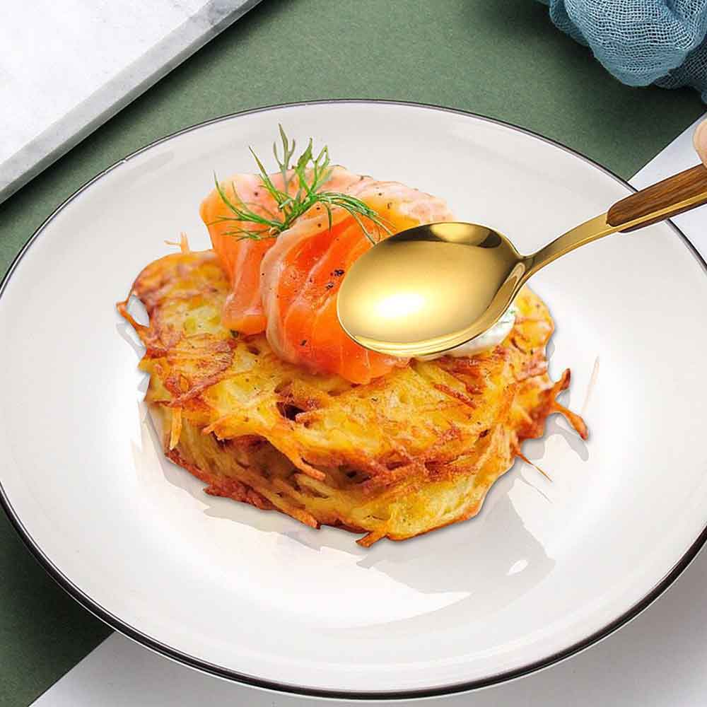 Visual Touch Luxury Silverware Wooden Handle Gold Silver Dinner Flatware Set Dessert Spoon For Home Commercial Reusable