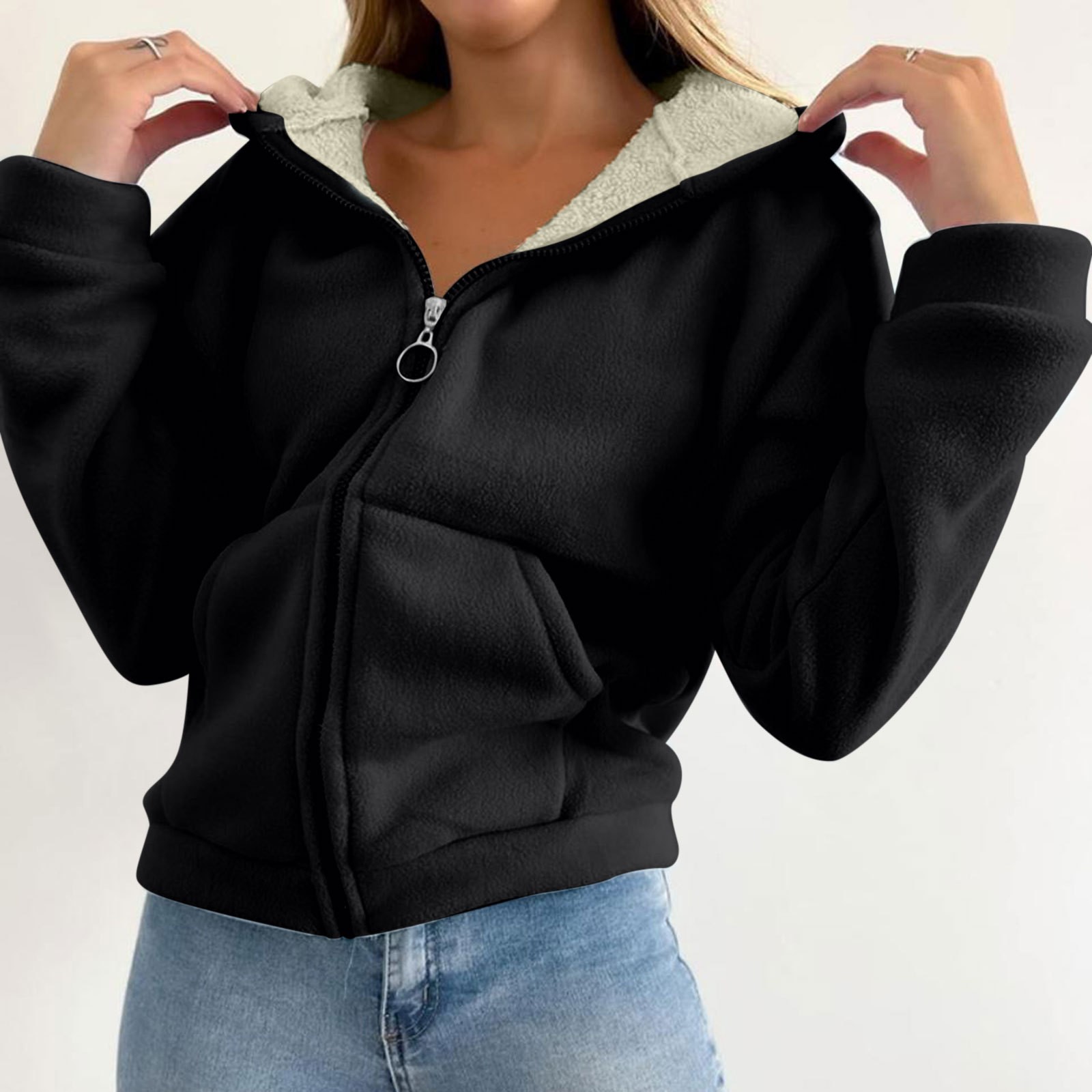 Trendy Sweatshirt Coat Front Pockets Warm Zipper Lamb Wool Jacket Men And Woman Winter Solid Color Plush Lined Cardigan Hoodie: S / black