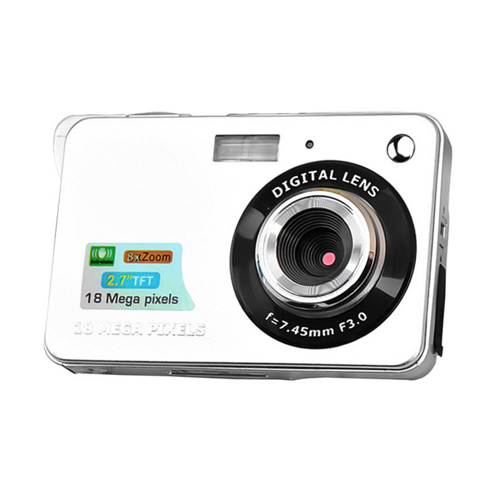 Mini cámara Digital de bolsillo, 18MP, pantalla LCD de 2,7 pulgadas, Zoom 8x, captura de sonrisa, antivibración con batería: Plata