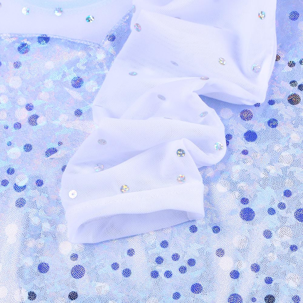 BAOHULU Blue Girls Leotards for Gymnastics Ballet Sequins Mesh Long Sleeve Toddler Bodysuit Kids Teens Acrobat Competition Suits