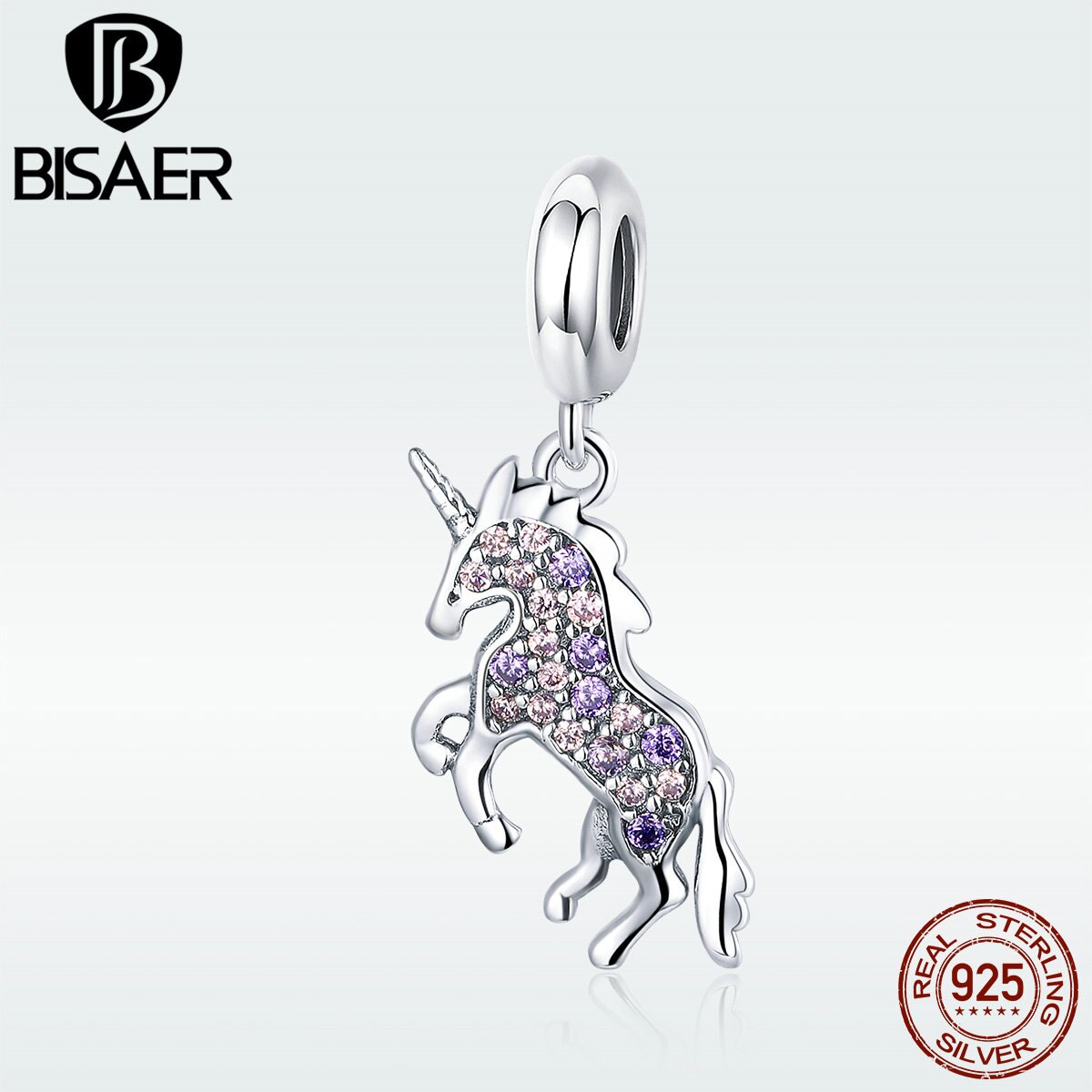 Unicorn BISAER 925 Sterling Silver Licorne Animal Beads Lucky Pendant fit Women Charm Bracelets Silver Beads for Jewelry Making