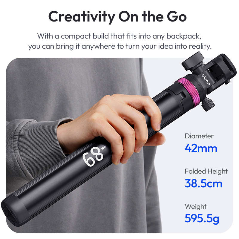 Ulanzi MT-89 Treppiede allungabile con supporto per luce a sgancio rapido da 2 M con supporto per slitta fredda Piastra QR da 1/4 '' per microfono con luce video per fotocamera DSLR