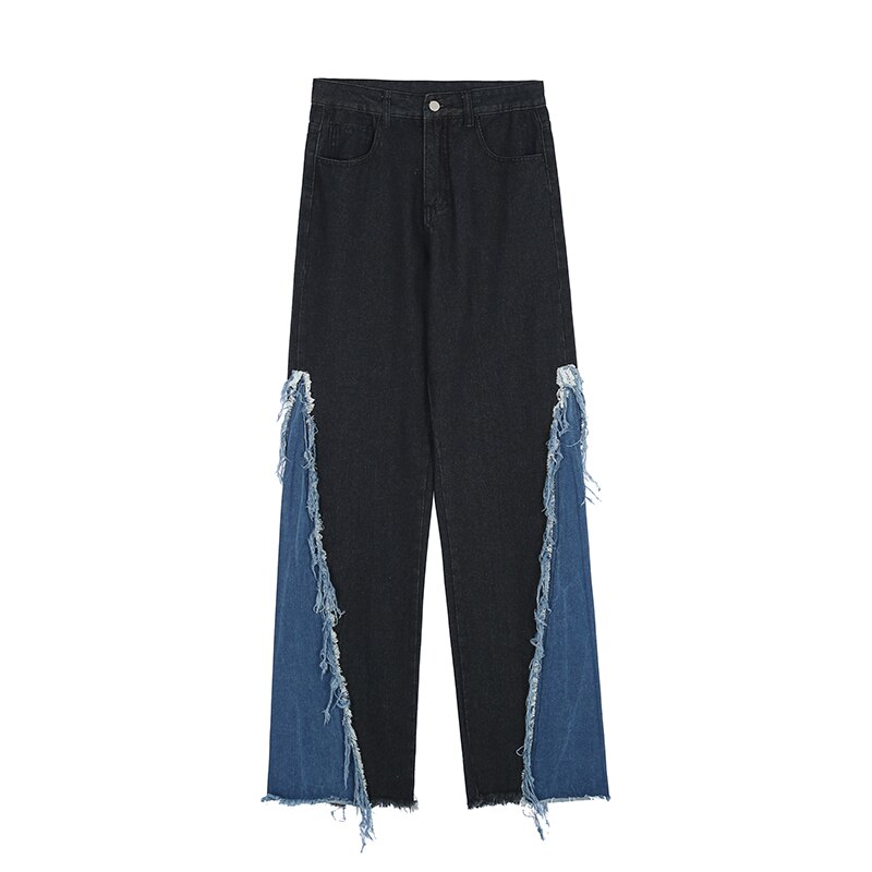 Pantalones acampanados informales y rectos para hombre, ropa de calle holgada, Vaqueros Retro lavados de pareja, Jeans de retazos en el tobillo con borlas rasgadas, Primavera: asian L