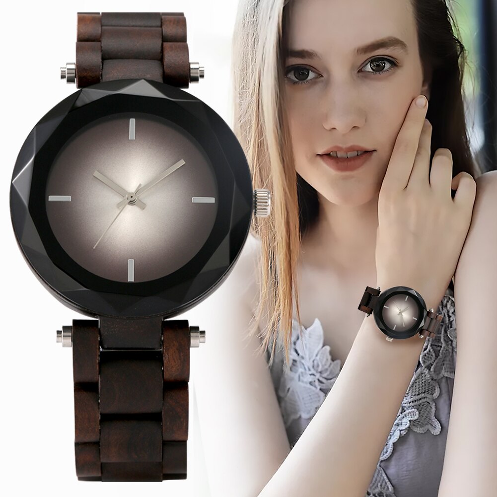 Relojes sencillos de madera para Mujer, Reloj de pulsera de cuarzo con esfera negra brillante, pulsera de madera completa, caja de ,