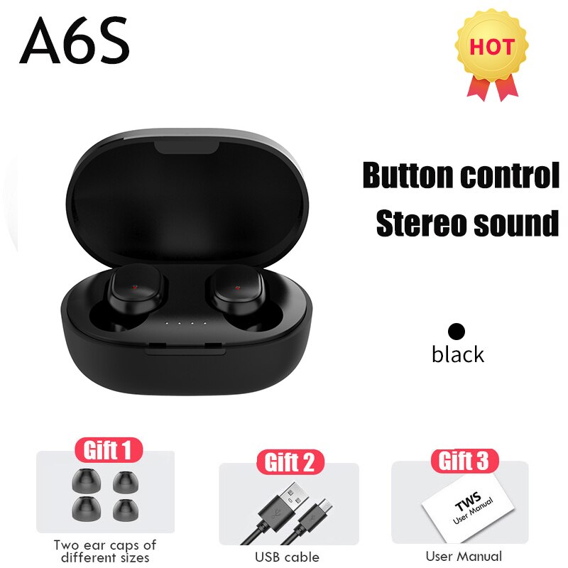 A6s Tws Bassearbuds Draadloze Bluetooth Hoofdtelefoon Oortelefoon Sport Mini Stereo In-Ear Voor Xiaomi Huawei Iphone Telefoon Oortjes: Black