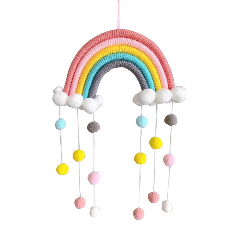 Färgglad regnbåge macrame vägghängande dekoration bomull tofs barnrum inredning boho barnkammare studenthem vävd pom pom boll prydnad: 10
