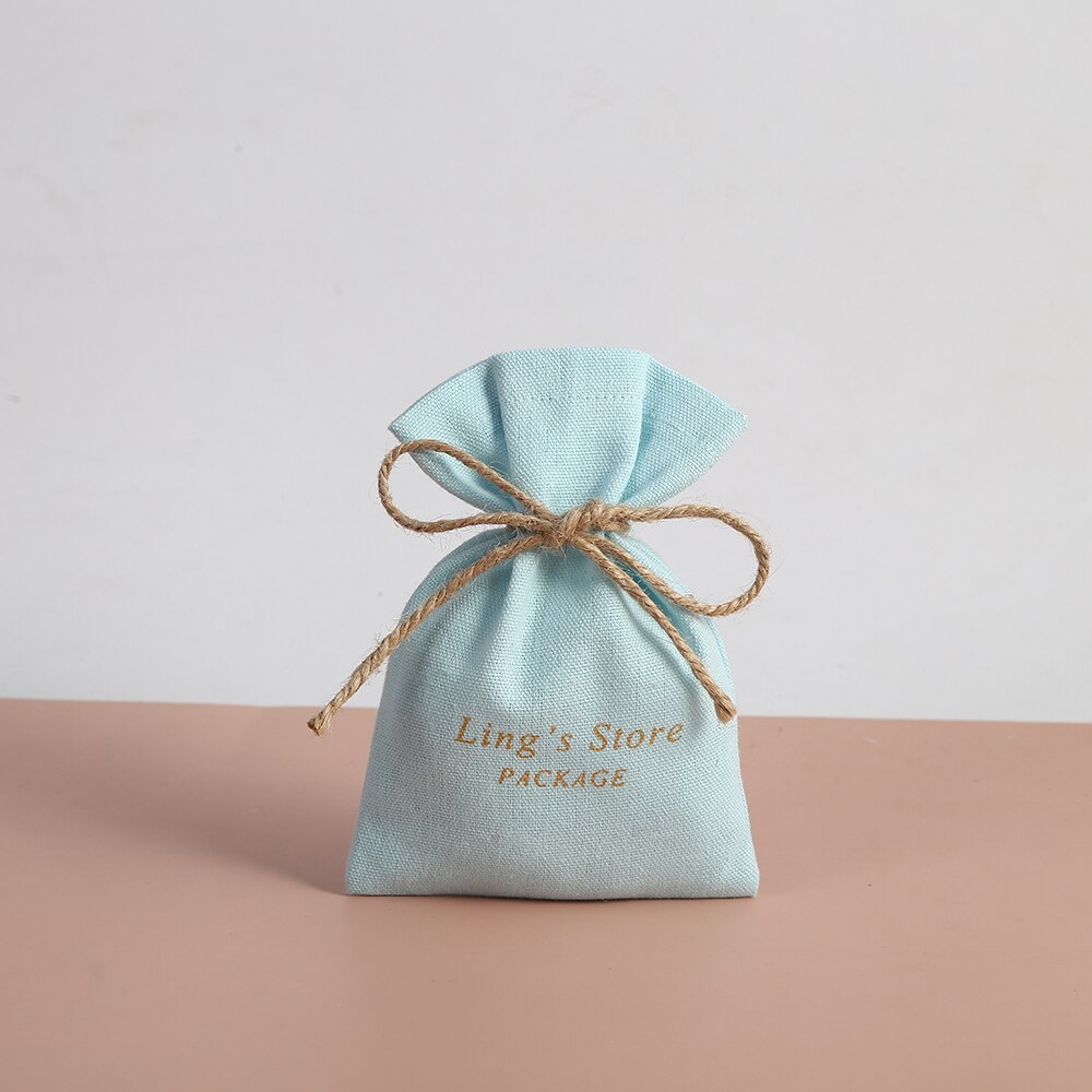 50pcs Drawstring Cotton Burlap Bucket Jewelry Bag Pouch Fit For Wedding Candy Small Pouch Eyelashes Makeup Jewelry Sachet: Light Blue With Logo / 15cmx20cm