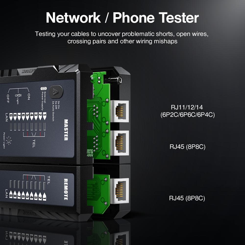 Ampcom netværkskabel tester, lan telefon ledning tester værktøj netværksværktøj ethernet reparation til  rj45/rj11/rj12/ kat 5/ kat 6/ kat 7/ kat 8
