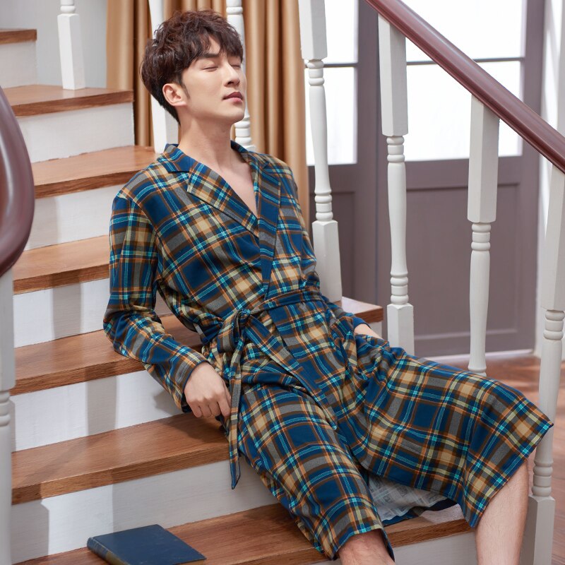 Chinese Style Spring Autumn Mens Bath Robe Long-sleeve Pure Cotton Pajamas for Men Bathrobe Male Kimono Dressing Gowns Sleepwear