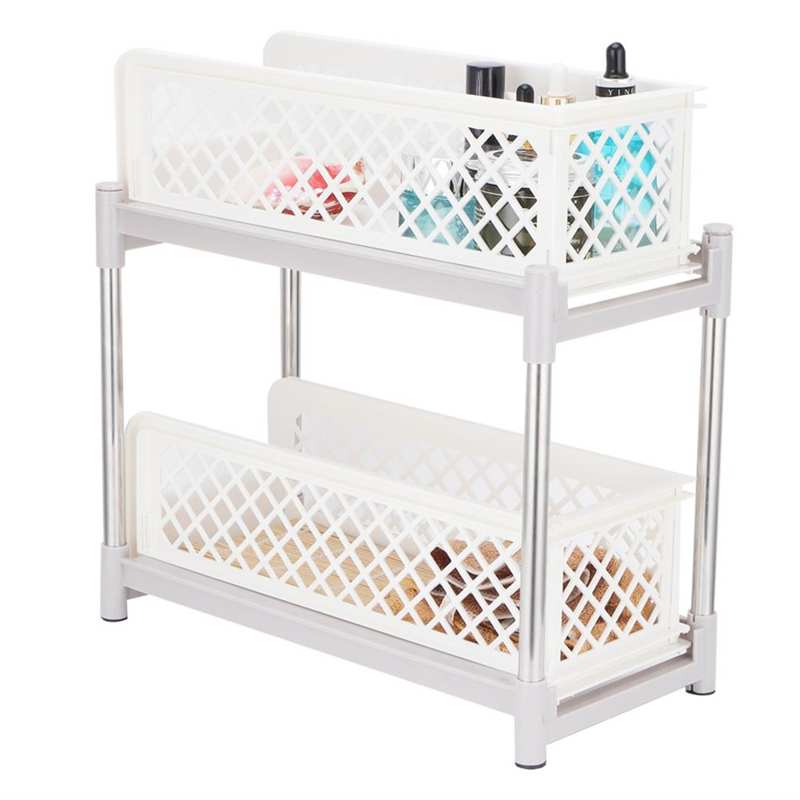 2-Layer Kitchen Sliding Basket Storage Cabinet Organizer with Pull Out Drawers White Kitchen Bathroom Storage Rack