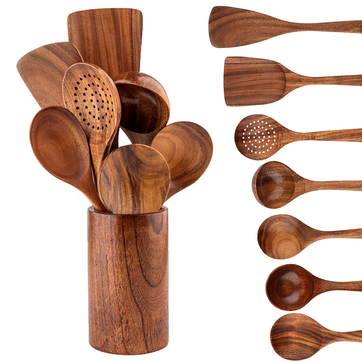 Utensilios de cocina de madera, juego de cuchara y espátula para el hogar, cuchara para ensalada, tenedor, cuchara agitadora, juego de cocina para hornear con cubo de almacenamiento: naranja