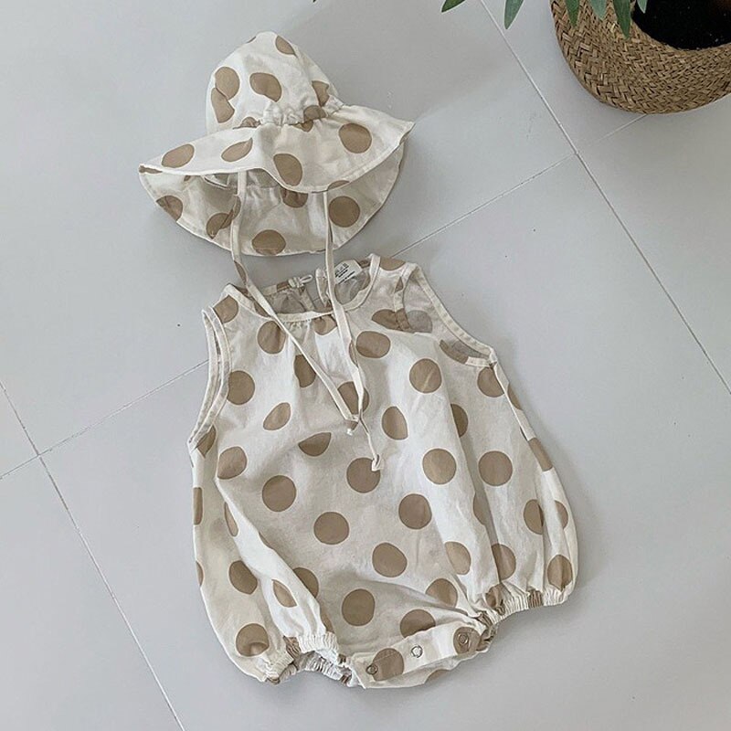 Sommerliche babykleidung, coole babybodys für mädchen, leinen-jumpsuits für jungen, ärmellose babyoutfits mit punktmuster: Beige / 12m