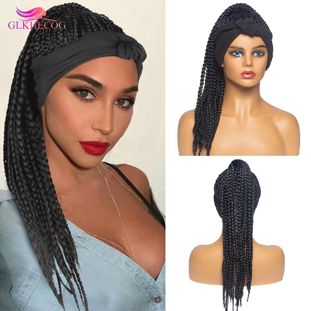 Braided Headband Wigs for African Women Box Braid Wig Synthetic Braiding Hair Leopard Turban Wrap Black Ponytail: Black