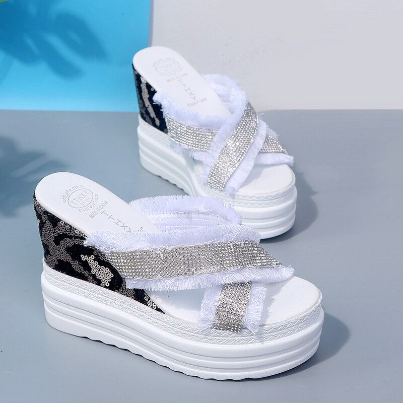Rimocy Women Wedges Sandals Platform with Crystal Ripped Cross Strap Slippers Summer Super High Heels Slides Shoes Woman