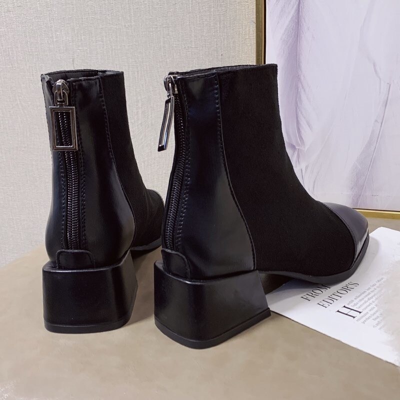 Kvinner ankelstøvletter dame semsket skinn glidelås firkantet tå pu lær hælsko kvinner chunky kvinnelige chelsea boots