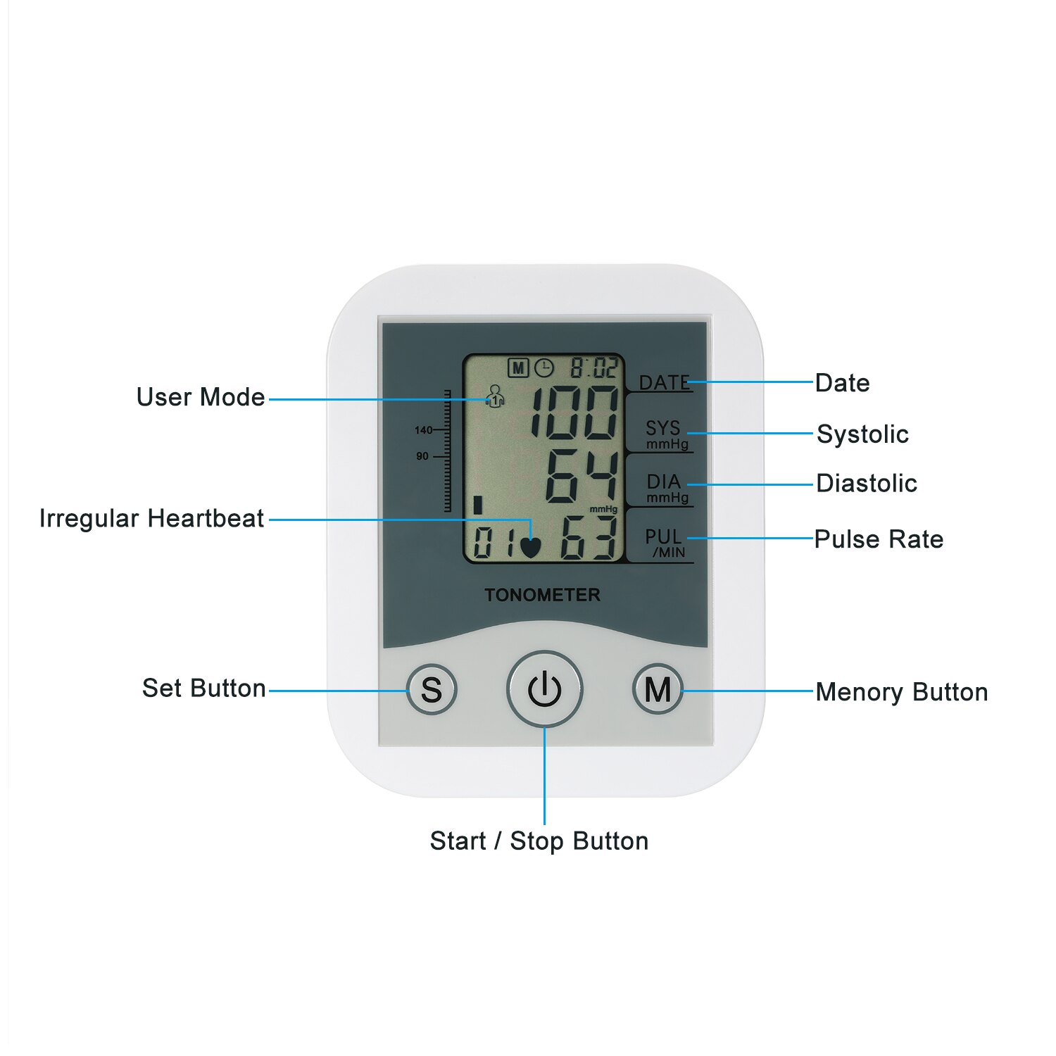 LCD Digital Display Arm Blood Pressure Monitor Pulse Scanning Oscillometry Two Measuring Method for Measuring Pulse Rate