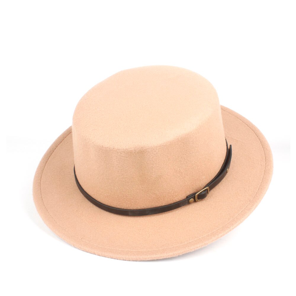 Men Women Flat Top Hat Winter Casual Hat Wool Trilby Fedora Hat Wide Brim Hat Size 56-58CM: Khaki