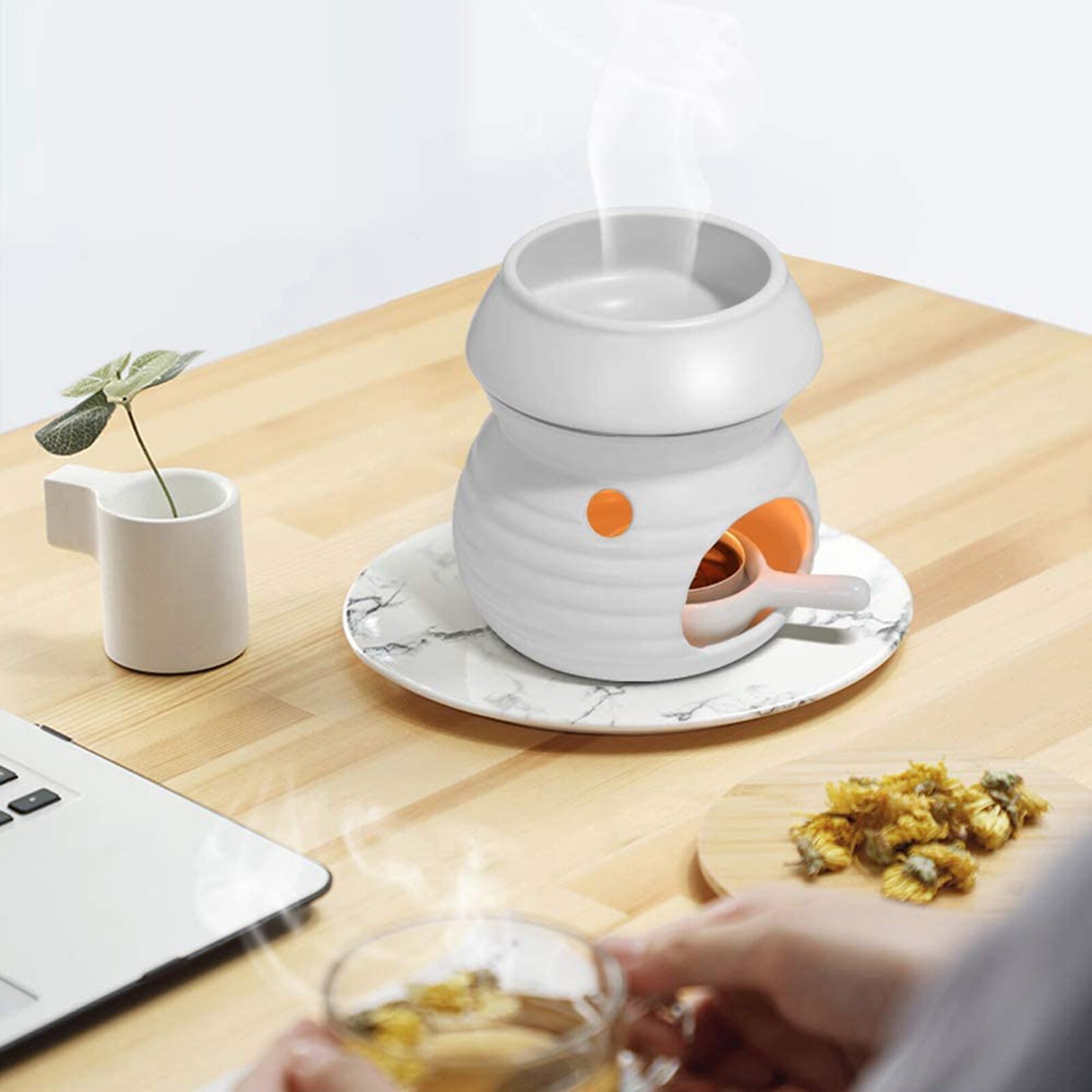 Ceramic Candlestick Mini Portable Incense Holder Candle Stand with Handle for Home Coffee Shop White