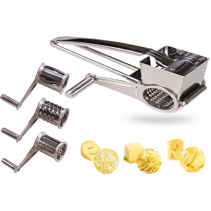 Rotary Cheese Grater Vegetable Cutter Slicer Shredder with 3 Interchanging Rotary Cylinders Stainless Steel Drums & Slicer