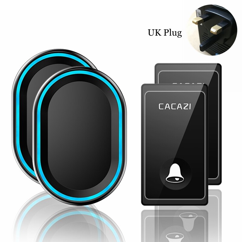 Självdriven trådlös dörrklocka inget batteri krävs vattentät 2 knappar 2 mottagare us eu uk plug smart hem ringklocka ring: Svart 2 x 2 uk