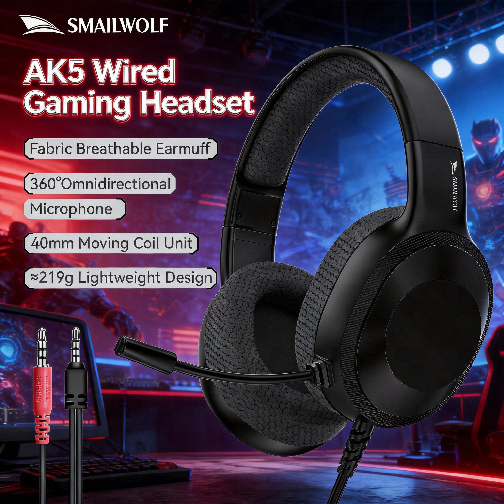 SMAILWOLF AK5 wired headset gaming headset lightweight e-sports gaming headset with microphone desktop laptop universal: black