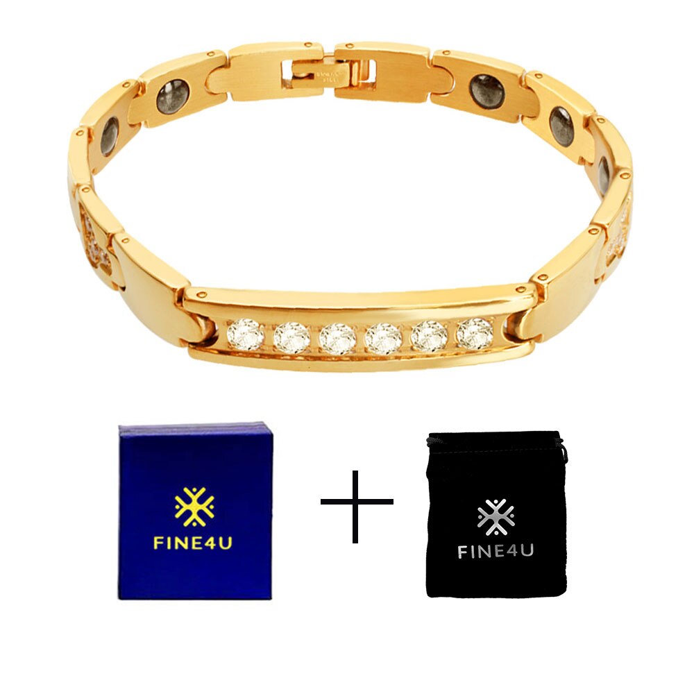 Fine4u b074 zircons mulheres magnético saúde pulseiras & bangles 316l energia de aço inoxidável pulseira saudável para jóias femininas: Gold3